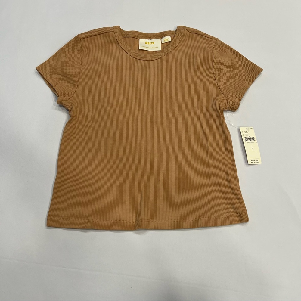 Maeve by Anthropologie Ribbed Beige Short Sleeve Top Small NWT